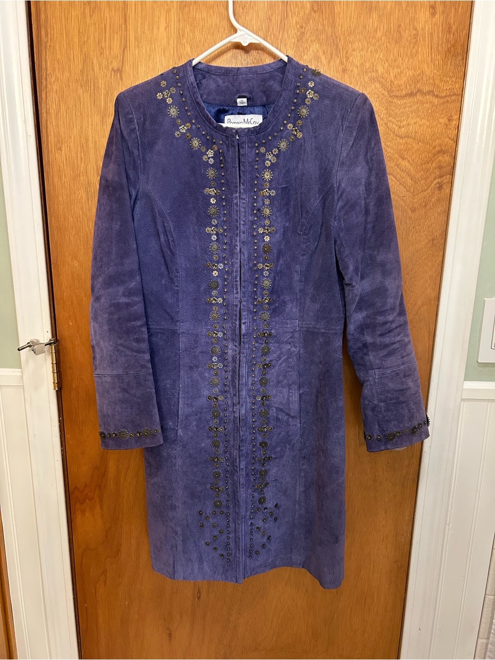 VTG Pamela McCoy Women's Suede Leather Purple Long Coat Metal Sunbursts XS